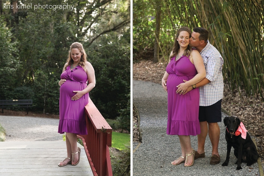 Maternity portrait of happy couple and their dog at Oven Park in Tallahssee, FL